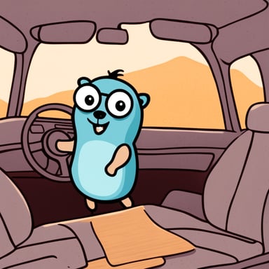 Go Blue Gopher in car, cartoon