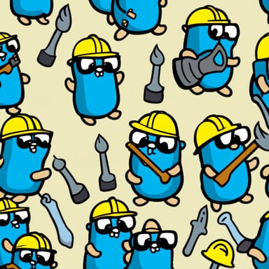 Go Blue Gopher leads an army of blue gophers wearing yellow hard hats and holding tools like hammers and screwdrivers.