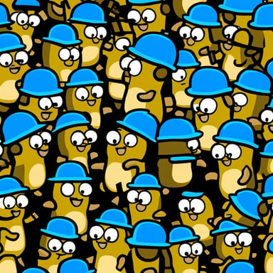 Go Blue Gopher leads an army of blue gophers wearing yellow hard hats and holding tools like hammers and screwdrivers.