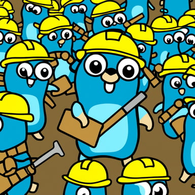 Go Blue Gopher leads an army of blue gophers wearing yellow hard hats and holding tools like hammers and screwdrivers.
