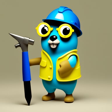 Go Blue Gopher leads an army of blue gophers wearing yellow hard hats and holding tools like hammers and screwdrivers.