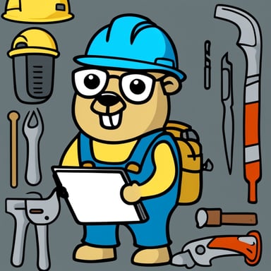 Construction worker Go Blue Gopher wearing a yellow hardhat and holding tools such as clipboard, hammer, and screwdriver.