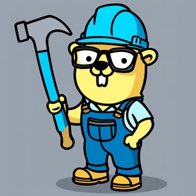 Construction worker Go Blue Gopher wearing a yellow hardhat and holding tools such as clipboard, hammer, and screwdriver.