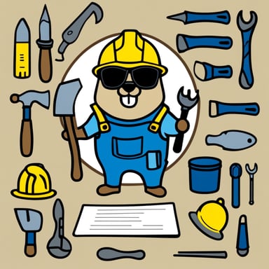 Construction worker Go Blue Gopher wearing a yellow hardhat and holding tools such as clipboard, hammer, and screwdriver.