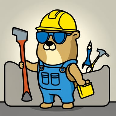Construction worker Go Blue Gopher wearing a yellow hardhat and holding tools such as clipboard, hammer, and screwdriver.