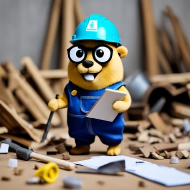 A go blue gopher, dressed as a construction worker, donned in a yellow hardhat and a toolbelt around its waist, holds a clipboard while standing amidst random bits of debris scattered on the floor.