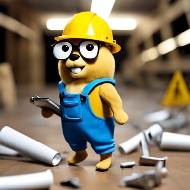 A go blue gopher, dressed as a construction worker, donned in a yellow hardhat and a toolbelt around its waist, holds a clipboard while standing amidst random bits of debris scattered on the floor.