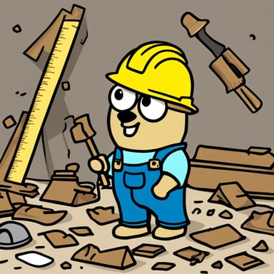 A go blue gopher, dressed as a construction worker, donned in a yellow hardhat and a toolbelt around its waist, holds a clipboard while standing amidst random bits of debris scattered on the floor.