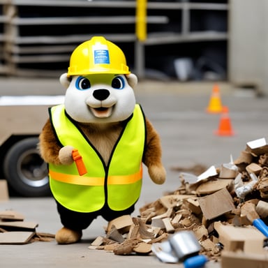 A go blue gopher, dressed as a construction worker, donned in a yellow hardhat and a toolbelt around its waist, holds a clipboard while standing amidst random bits of debris scattered on the floor.