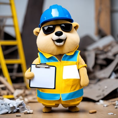 Go blue gopher, dressed as a construction worker, donned in a yellow hardhat and a toolbelt around its waist, holds a clipboard while standing amidst random bits of debris scattered on the floor.