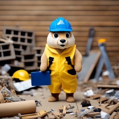 Go blue gopher, dressed as a construction worker, donned in a yellow hardhat and a toolbelt around its waist, holds a clipboard while standing amidst random bits of debris scattered on the floor.