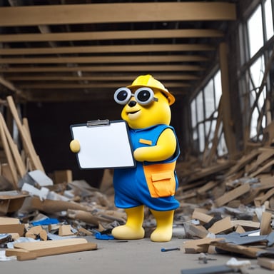 Go blue gopher, dressed as a construction worker, donned in a yellow hardhat and a toolbelt around its waist, holds a clipboard while standing amidst random bits of debris scattered on the floor.