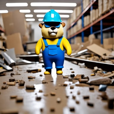 Go blue gopher, dressed as a construction worker, donned in a yellow hardhat and a toolbelt around its waist, holds a clipboard while standing amidst random bits of debris scattered on the floor.