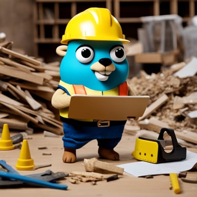 Go Blue Gopher, dressed as a construction worker, donned in a yellow hardhat and a toolbelt around its waist, holds a clipboard while standing amidst random bits of debris scattered on the floor.