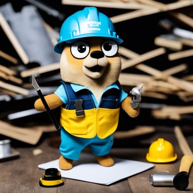 Go Blue Gopher, dressed as a construction worker, donned in a yellow hardhat and a toolbelt around its waist, holds a clipboard while standing amidst random bits of debris scattered on the floor.