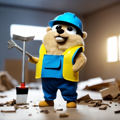 Go Blue Gopher, dressed as a construction worker, donned in a yellow hardhat and a toolbelt around its waist, holds a clipboard while standing amidst random bits of debris scattered on the floor.