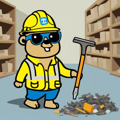 Go Blue Gopher, dressed as a construction worker, donned in a yellow hardhat and a toolbelt around its waist, holds a clipboard while standing amidst random bits of debris scattered on the floor.