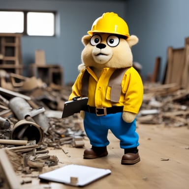 Go Blue Gopher, dressed as a construction worker, donned in a yellow hardhat inscribed with the word gommon and a toolbelt around its waist, holds a clipboard while standing amidst random bits of debris scattered on the floor.