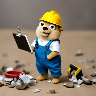 Go Blue Gopher, dressed as a construction worker, donned in a yellow hardhat inscribed with the word gommon and a toolbelt around its waist, holds a clipboard while standing amidst random bits of debris scattered on the floor.