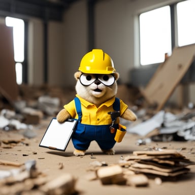 Go Blue Gopher, dressed as a construction worker, donned in a yellow hardhat inscribed with the word gommon and a toolbelt around its waist, holds a clipboard while standing amidst random bits of debris scattered on the floor.