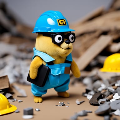 Go Blue Gopher, dressed as a construction worker, donned in a yellow hardhat inscribed with the word gommon and a toolbelt around its waist, holds a clipboard while standing amidst random bits of debris scattered on the floor.