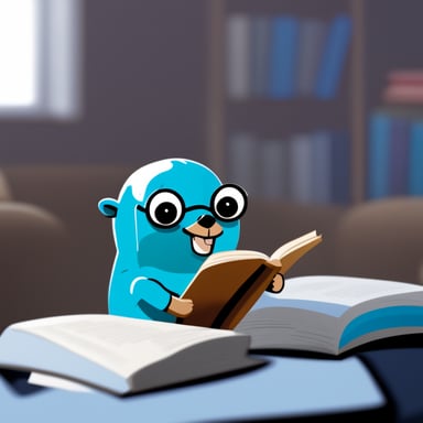 Go Blue Gopher is happily reading a book.