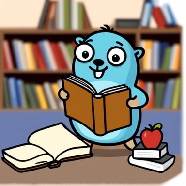 Go Blue Gopher is happily reading a book.
