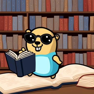 Go Blue Gopher is happily reading a book.