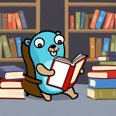 Go Blue Gopher is happily reading a book.