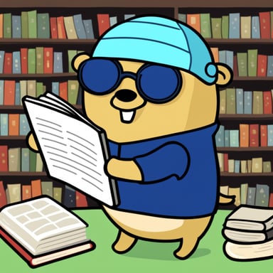 Go Blue Gopher is happily reading a huge book.