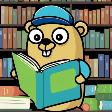 Go Blue Gopher is happily reading a huge book.
