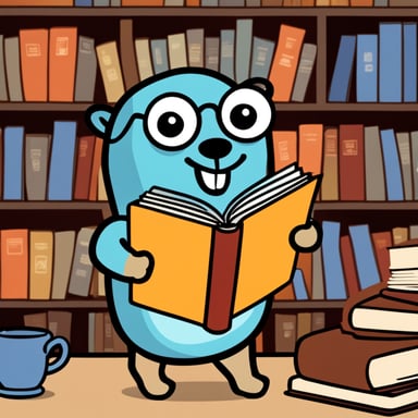 Go Blue Gopher is happily reading a huge book.