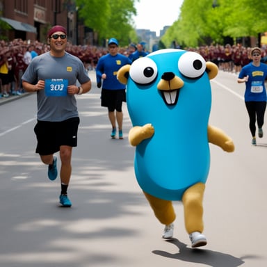 Go Blue Gopher running a marathon.