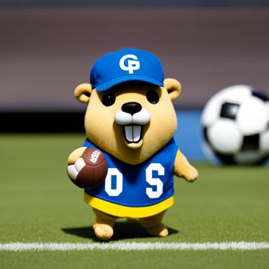 Go Blue Gopher in a soccer dress is ready to hit the field, showcasing its team spirit and athletic prowess.