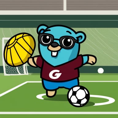 Go Blue Gopher in a soccer dress is ready to hit the field, showcasing its team spirit and athletic prowess.