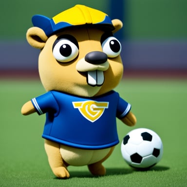 Go Blue Gopher in a soccer dress is ready to hit the field, showcasing its team spirit and athletic prowess.
