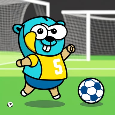 Go Blue Gopher playing soccer and scoring a goal.