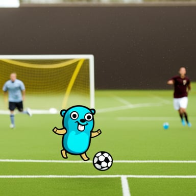 Go Blue Gopher playing soccer and scoring a goal.