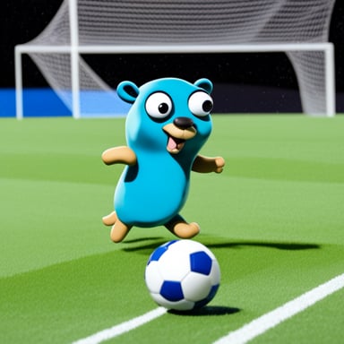 Go Blue Gopher playing soccer and scoring a goal.