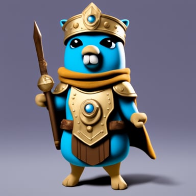 Go Blue Gopher as Athena, wearing armor.