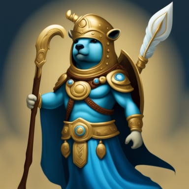 Go Blue Gopher as the Goddess Athena, donning armor, wielding a spear and shield.