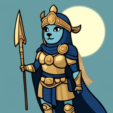 Go Blue Gopher as the Goddess Athena, donning armor, wielding a spear and shield.