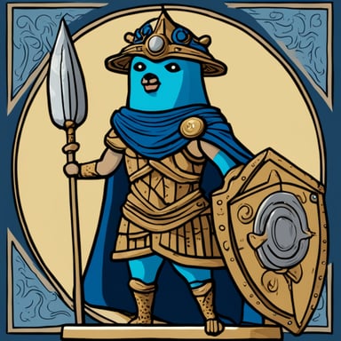 Go Blue Gopher as the Goddess Athena, donning armor, wielding a spear and shield.