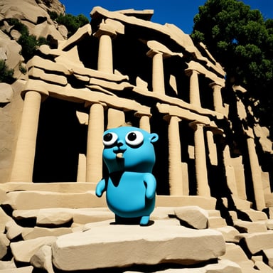 Go Blue Gopher, representing Athena the goddess and sitting in Olympos, the home of the Greek gods.