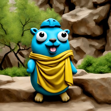 Go Blue Gopher, representing Athena the goddess and sitting in Olympos, the home of the Greek gods.