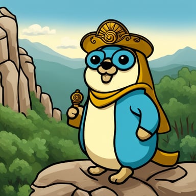Go Blue Gopher, representing Athena the goddess and sitting in Olympos, the home of the Greek gods.
