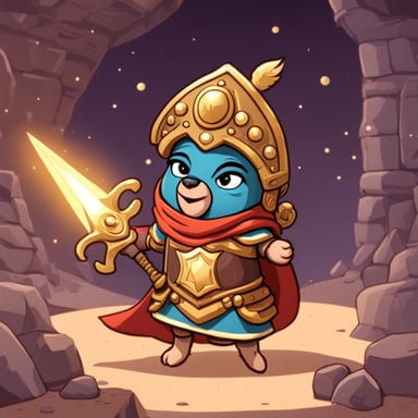 Go Blue Gopher as the Goddess Athena, donning armor, wielding a spear and shield, stars in a captivating cartoon adventure.