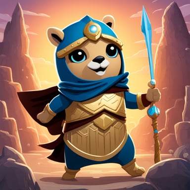 Go Blue Gopher as the Goddess Athena, donning armor, wielding a spear and shield, stars in a captivating cartoon adventure.