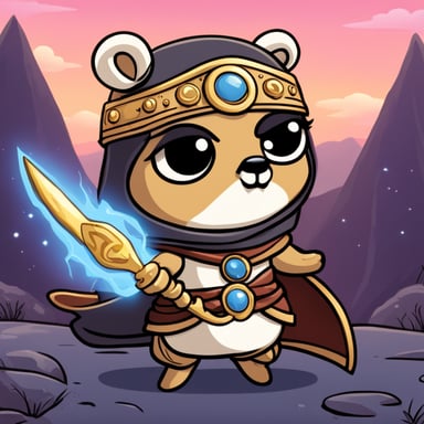 Go Blue Gopher as the Goddess Athena, donning armor, wielding a spear and shield, stars in a captivating cartoon adventure.