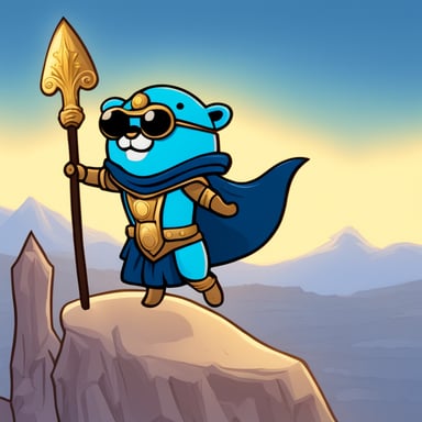 Go Blue Gopher, as the Goddess Athena, dons armor, wields a spear and shield, and stars in a captivating cartoon adventure. The skin of the gopher is blue.
